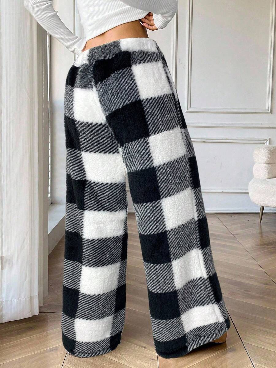 Buffalo Plaid Plush Pajama Pants - Black - 1
