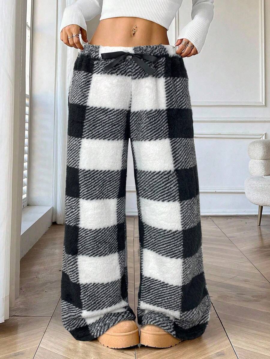 Buffalo Plaid Plush Pajama Pants - Black - 2