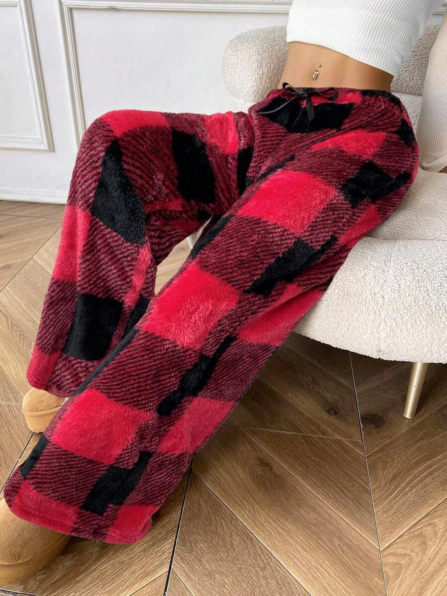 Buffalo Plaid Plush Pajama Pants - Red