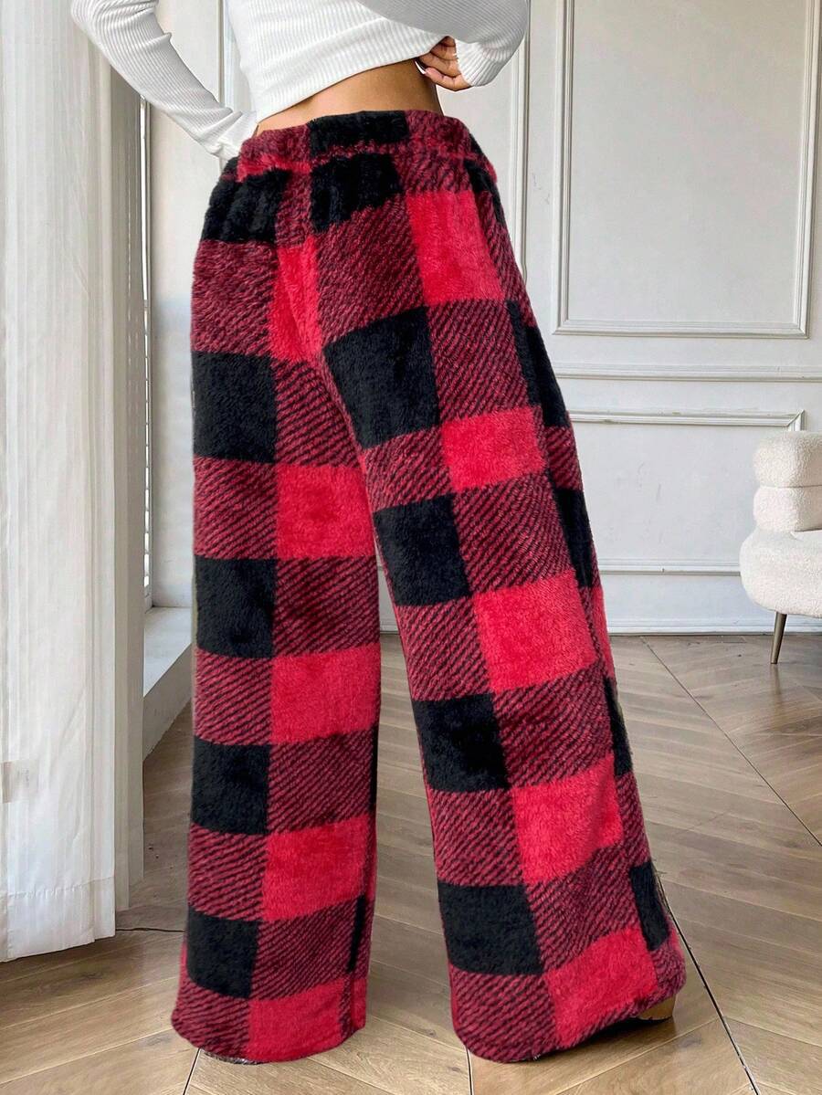 Buffalo Plaid Plush Pajama Pants - Red - 1