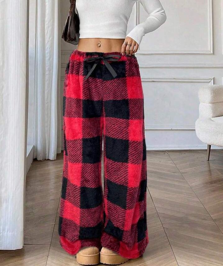 Buffalo Plaid Plush Pajama Pants - Red - 2