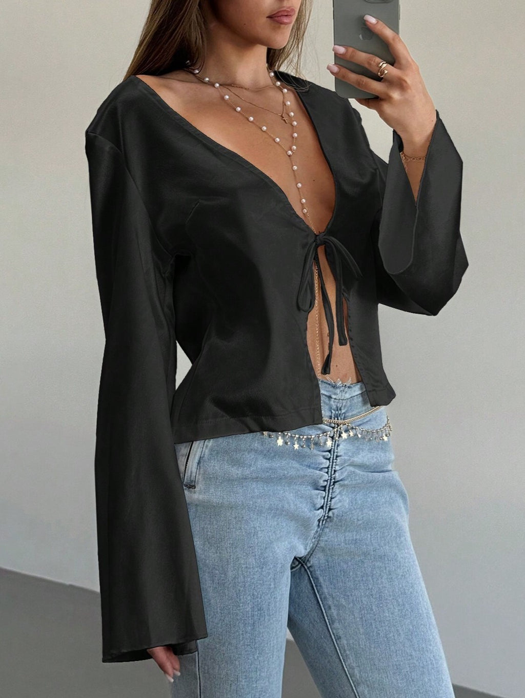 Satin Tie Front Flared Sleeve Blouse - Black - 1