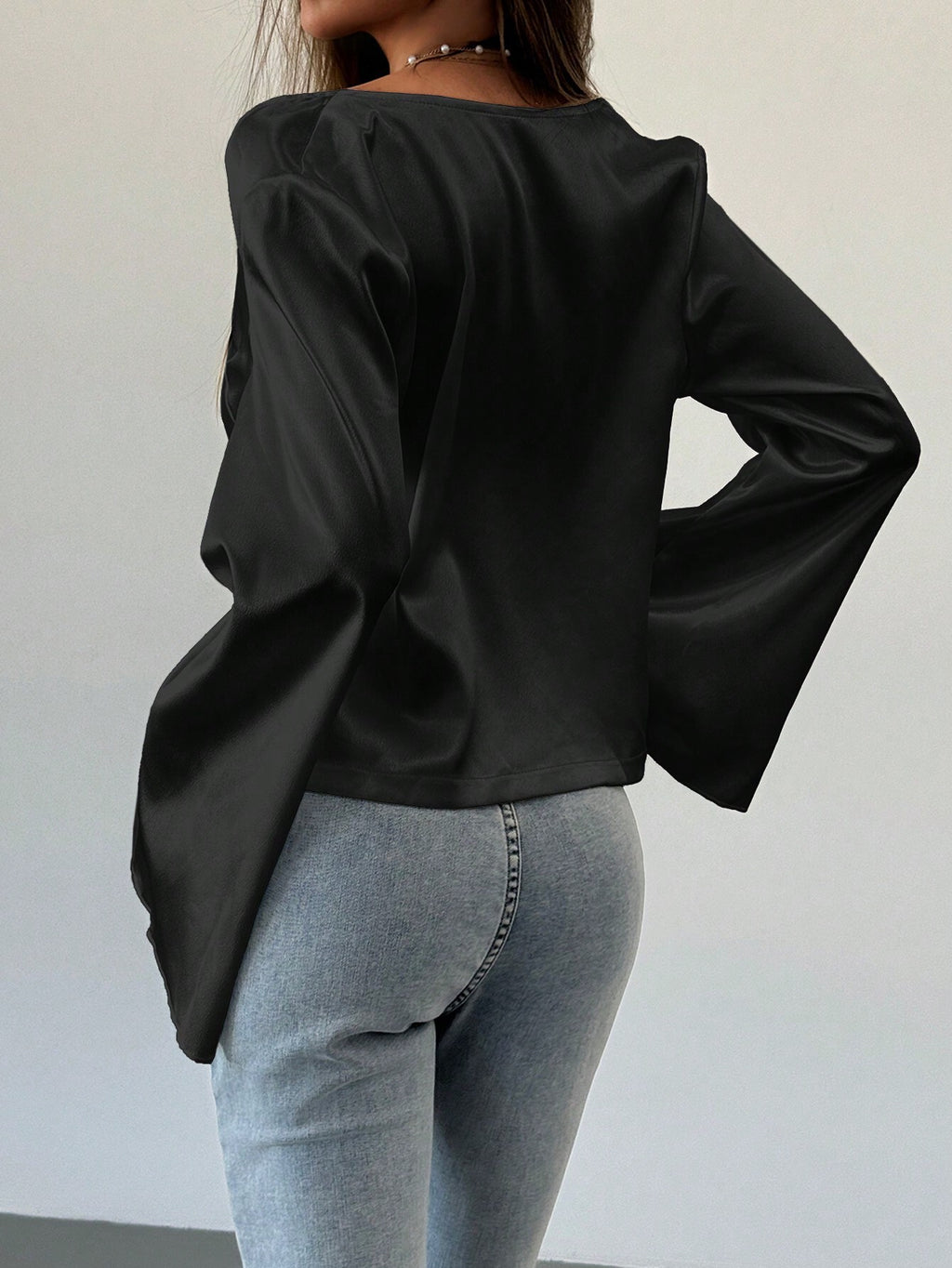 Satin Tie Front Flared Sleeve Blouse - Black - 2