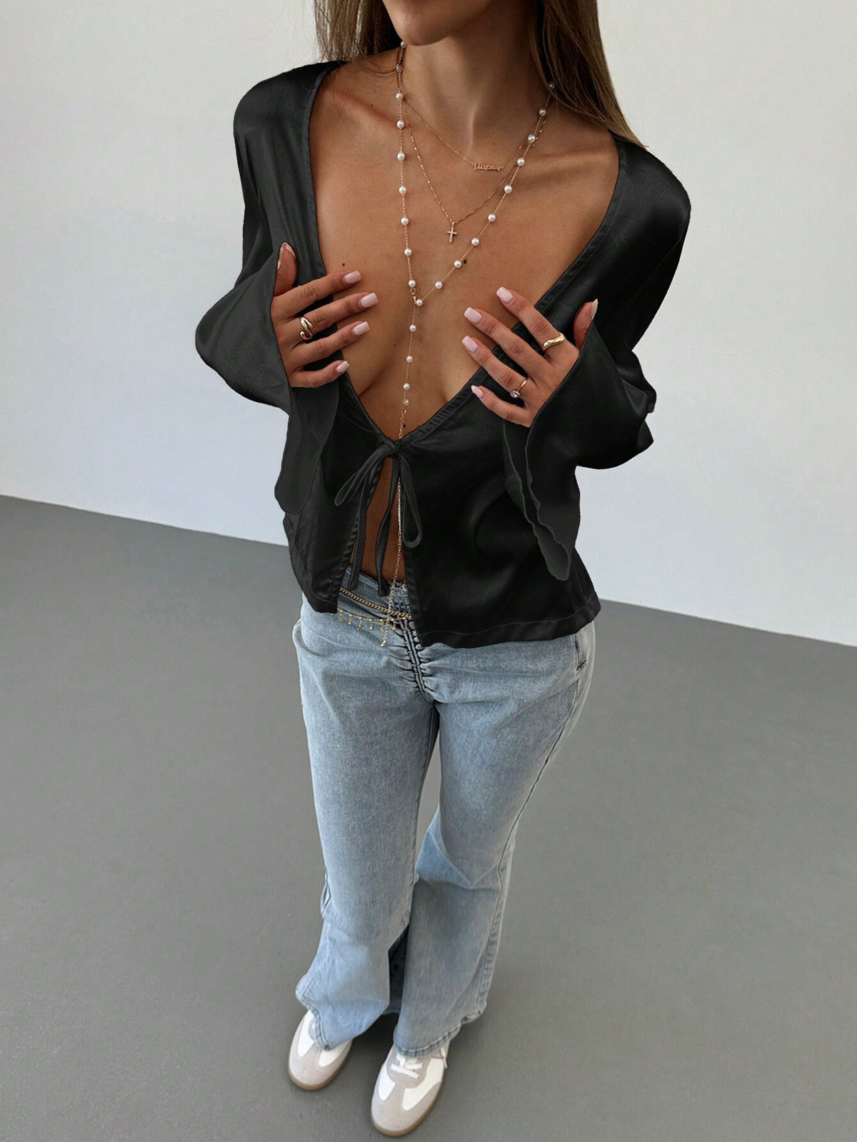 Satin Tie Front Flared Sleeve Blouse - Black - 3