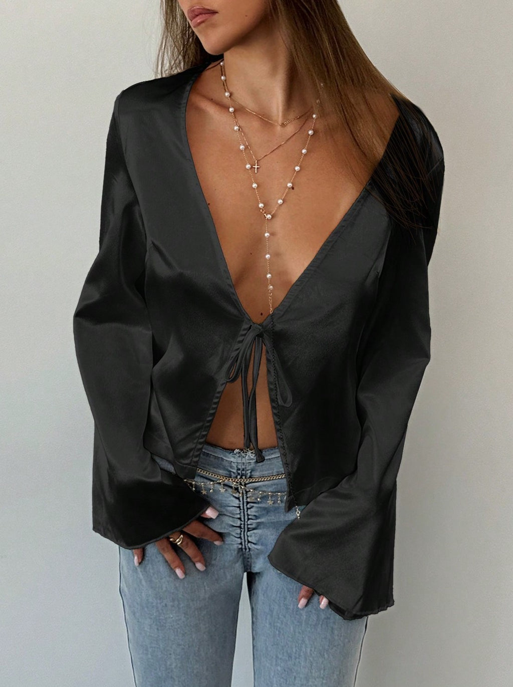 Satin Tie Front Flared Sleeve Blouse - Black - 4