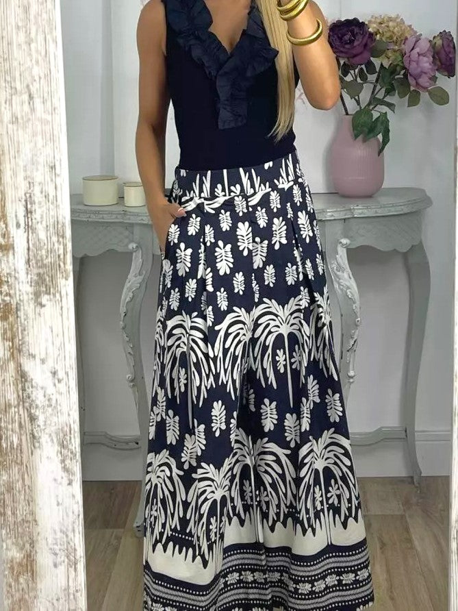 Border Print Wide Leg Palazzo Trousers - Black - 2