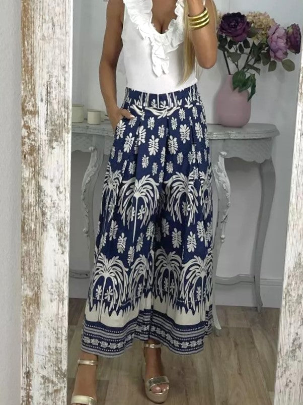 Border Print Wide Leg Palazzo Trousers - DarkBlue