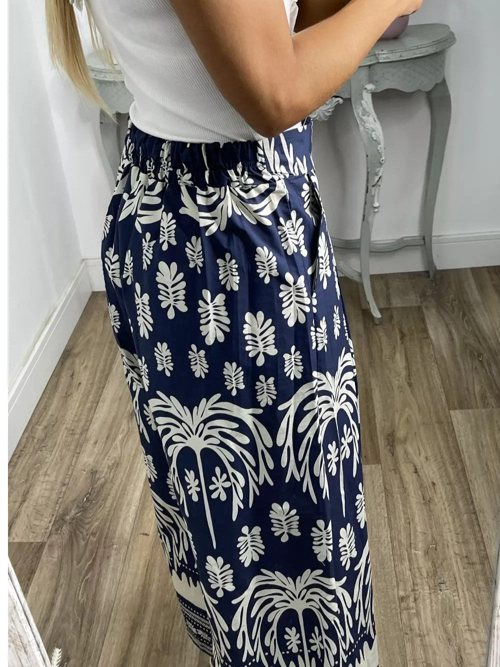 Border Print Wide Leg Palazzo Trousers - DarkBlue - 1