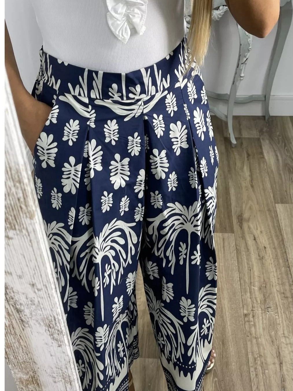 Border Print Wide Leg Palazzo Trousers - DarkBlue - 2