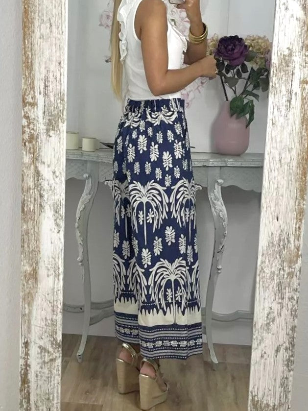 Border Print Wide Leg Palazzo Trousers - DarkBlue - 3