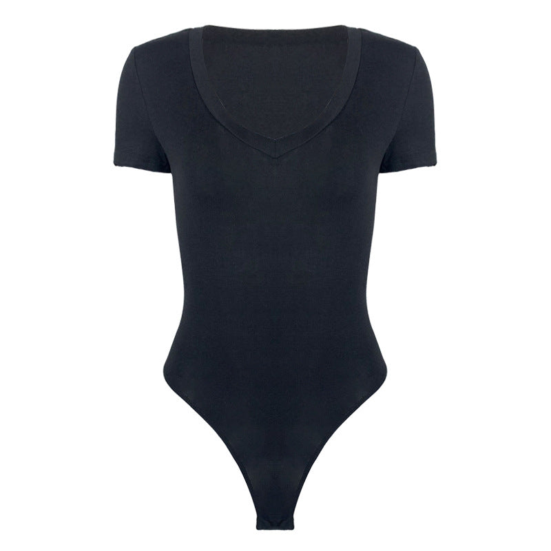 Deep V Neck Short Sleeve Tee Bodysuit - Black - 1