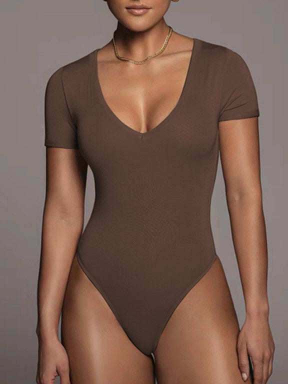 Deep V Neck Short Sleeve Tee Bodysuit