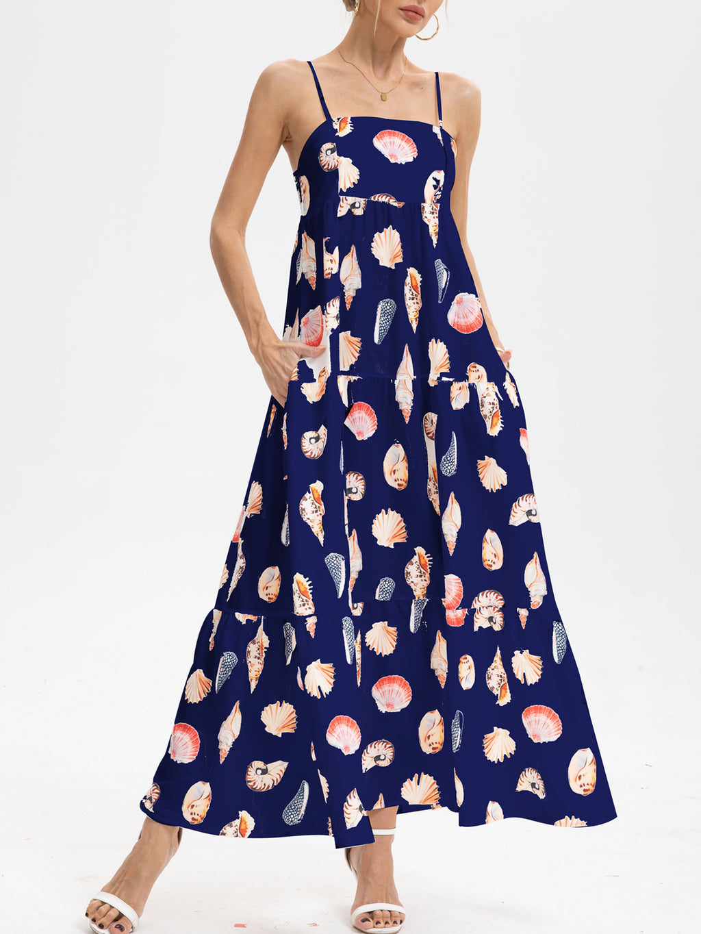 Seashell Print Tiered Cami Maxi Dress - DarkBlue