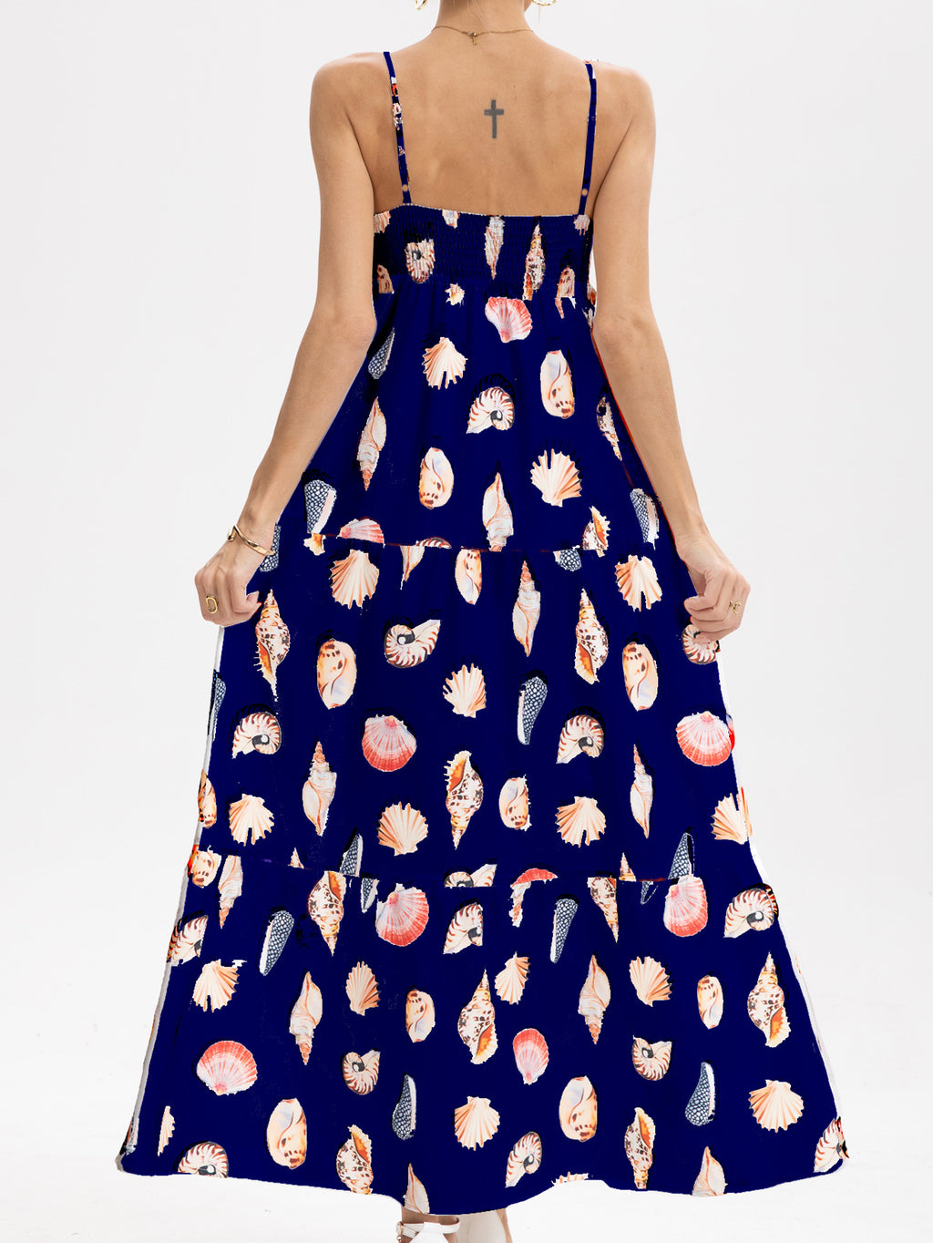 Seashell Print Tiered Cami Maxi Dress - DarkBlue - 1