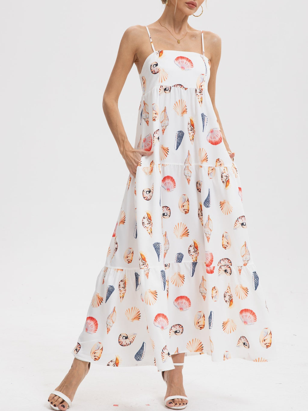Seashell Print Tiered Cami Maxi Dress - White