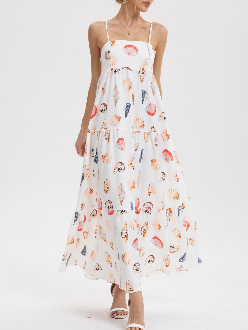Seashell Print Tiered Cami Maxi Dress - White - 1