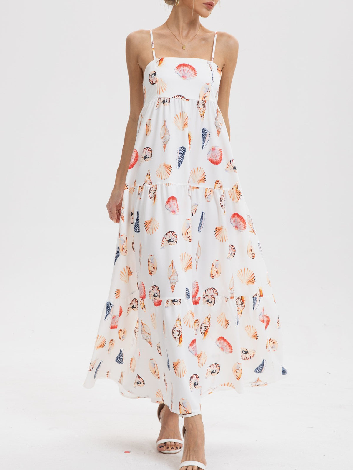Seashell Print Tiered Cami Maxi Dress - White - 1