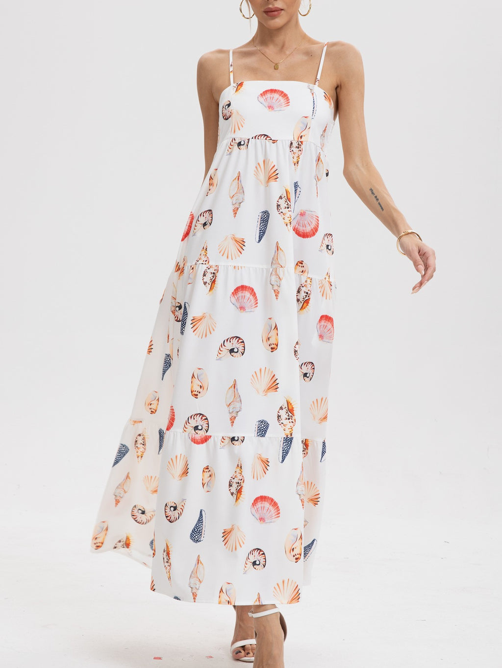 Seashell Print Tiered Cami Maxi Dress - White - 2