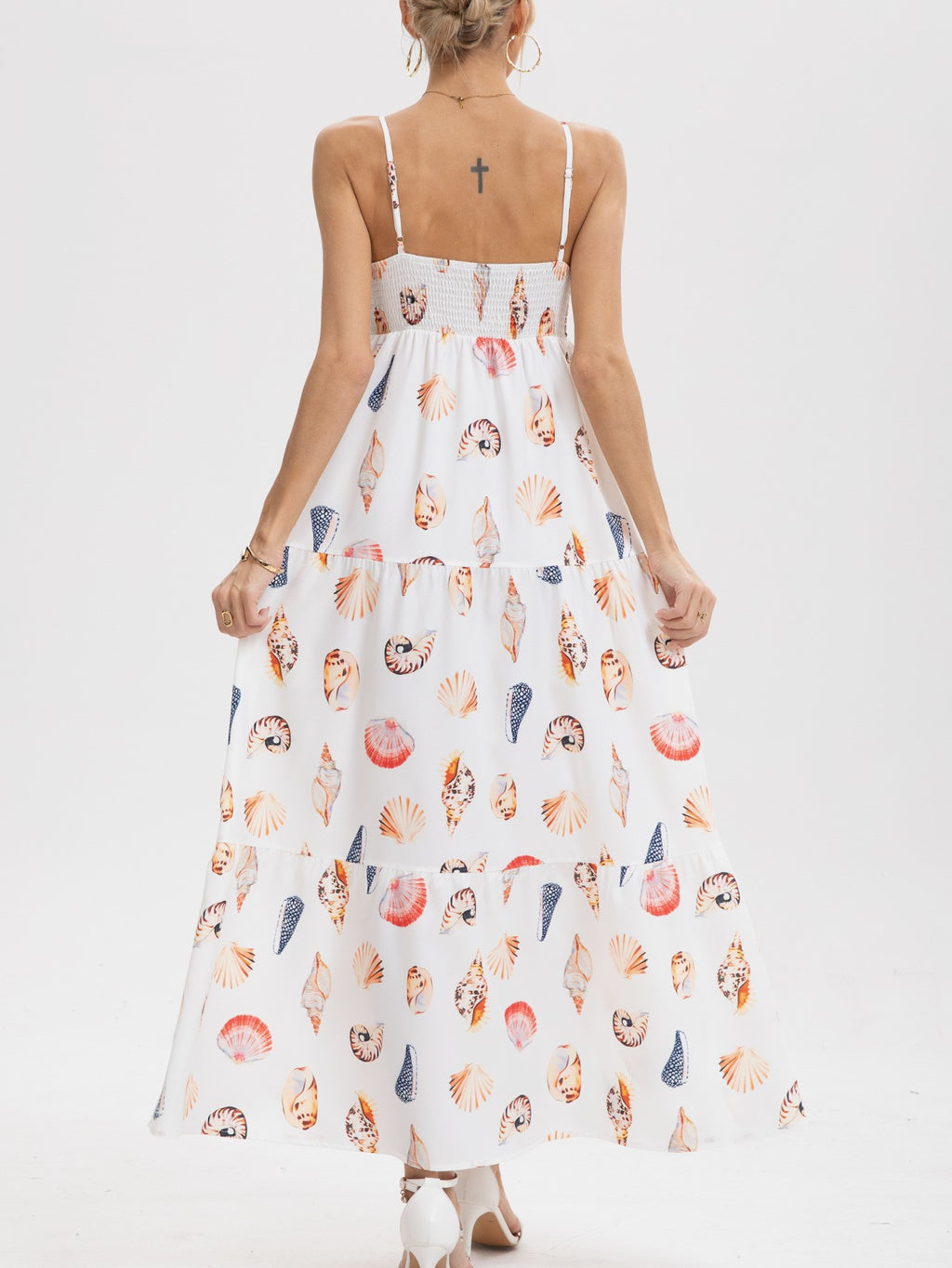 Seashell Print Tiered Cami Maxi Dress - White - 3