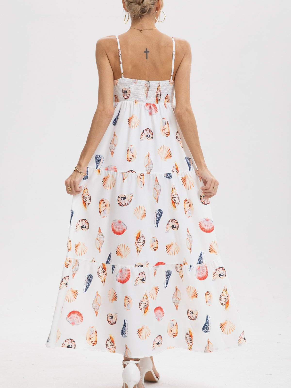 Seashell Print Tiered Cami Maxi Dress - White - 3