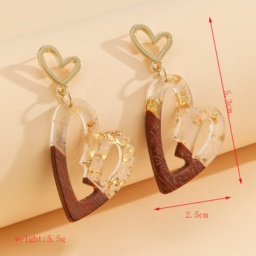 Wooden Resin Cut Out Heart Earrings - B