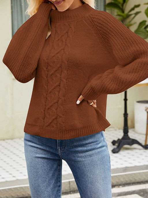 Cable Knit Mock Neck Balloon Sleeve Sweater - Brown