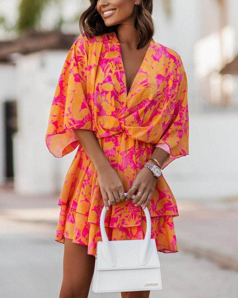 Printed Twist Front Ruffle Mini Dress - Orange