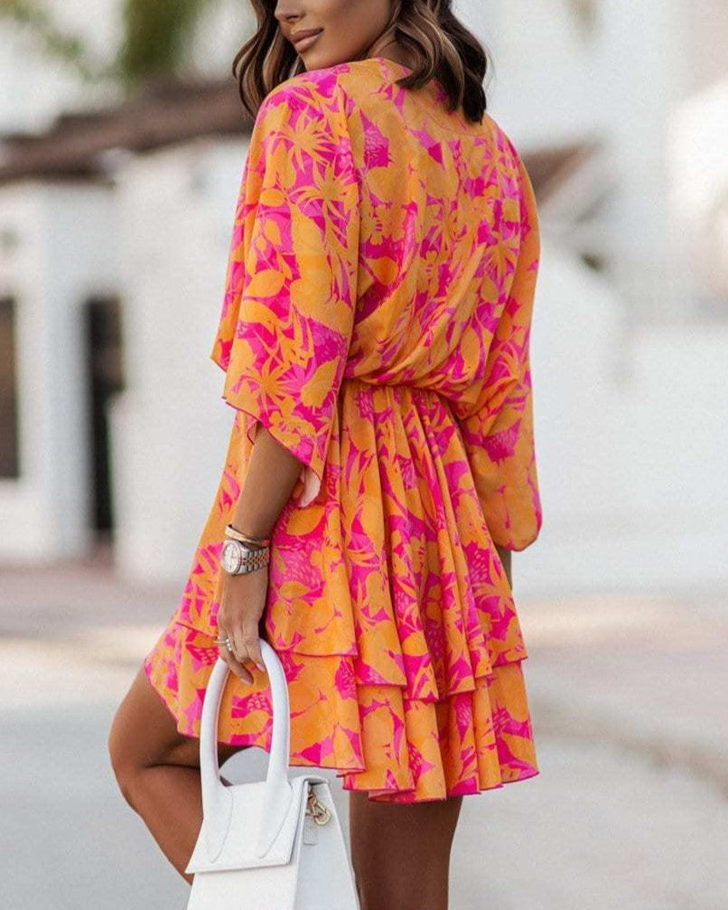 Printed Twist Front Ruffle Mini Dress - Orange - 1