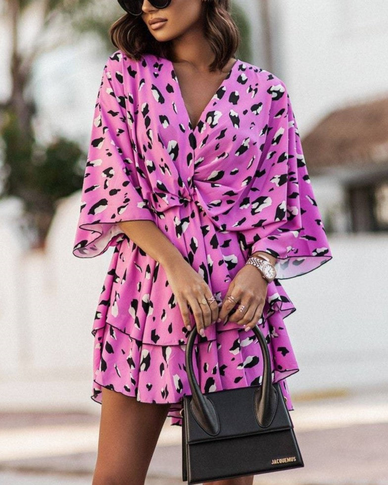 Printed Twist Front Ruffle Mini Dress - Pink