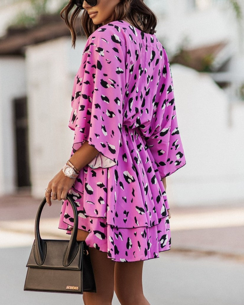 Printed Twist Front Ruffle Mini Dress - Pink - 1