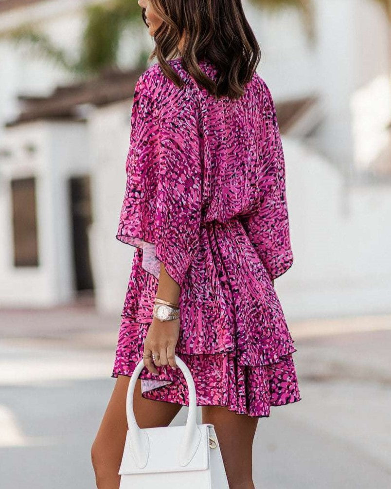 Printed Twist Front Ruffle Mini Dress - Purple - 1