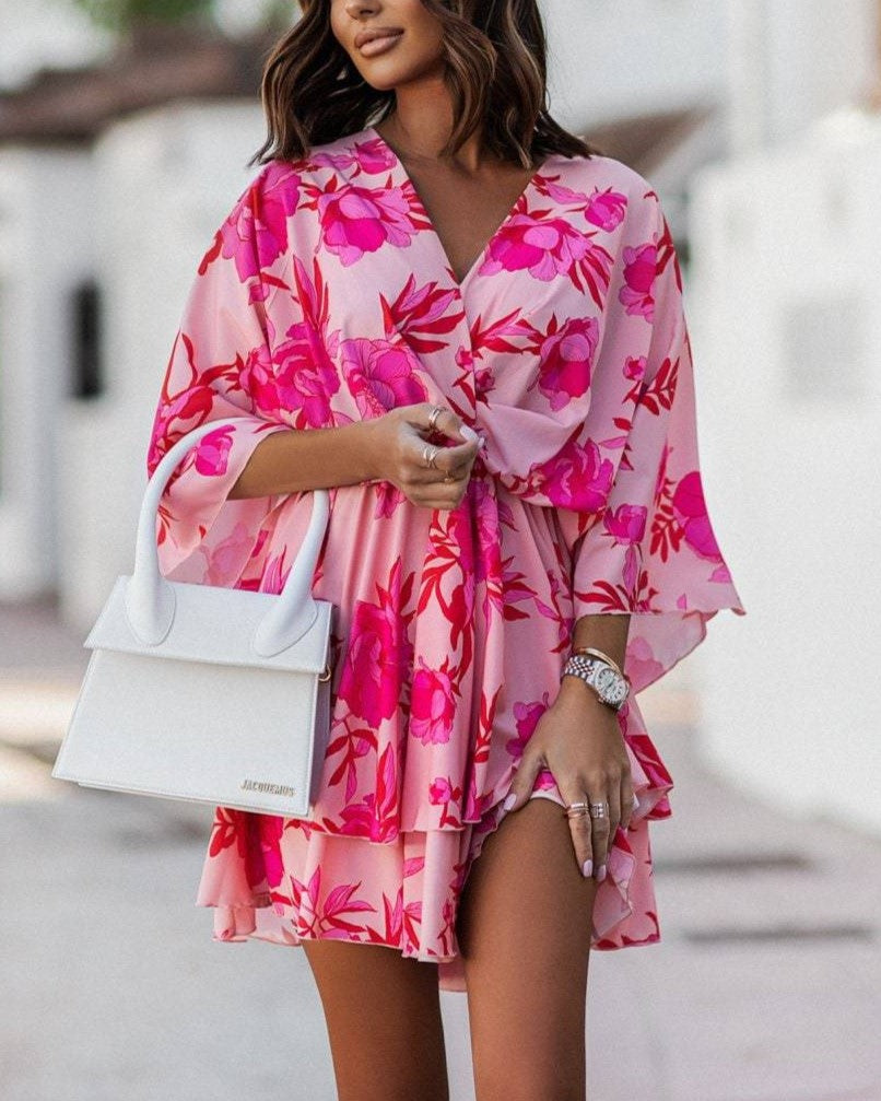 Printed Twist Front Ruffle Mini Dress - Red