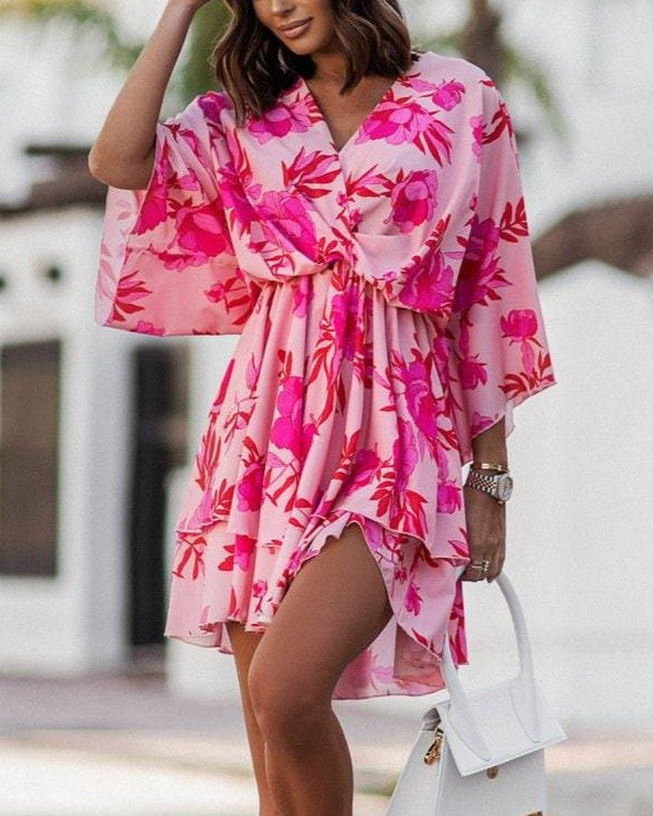 Printed Twist Front Ruffle Mini Dress - Red - 1