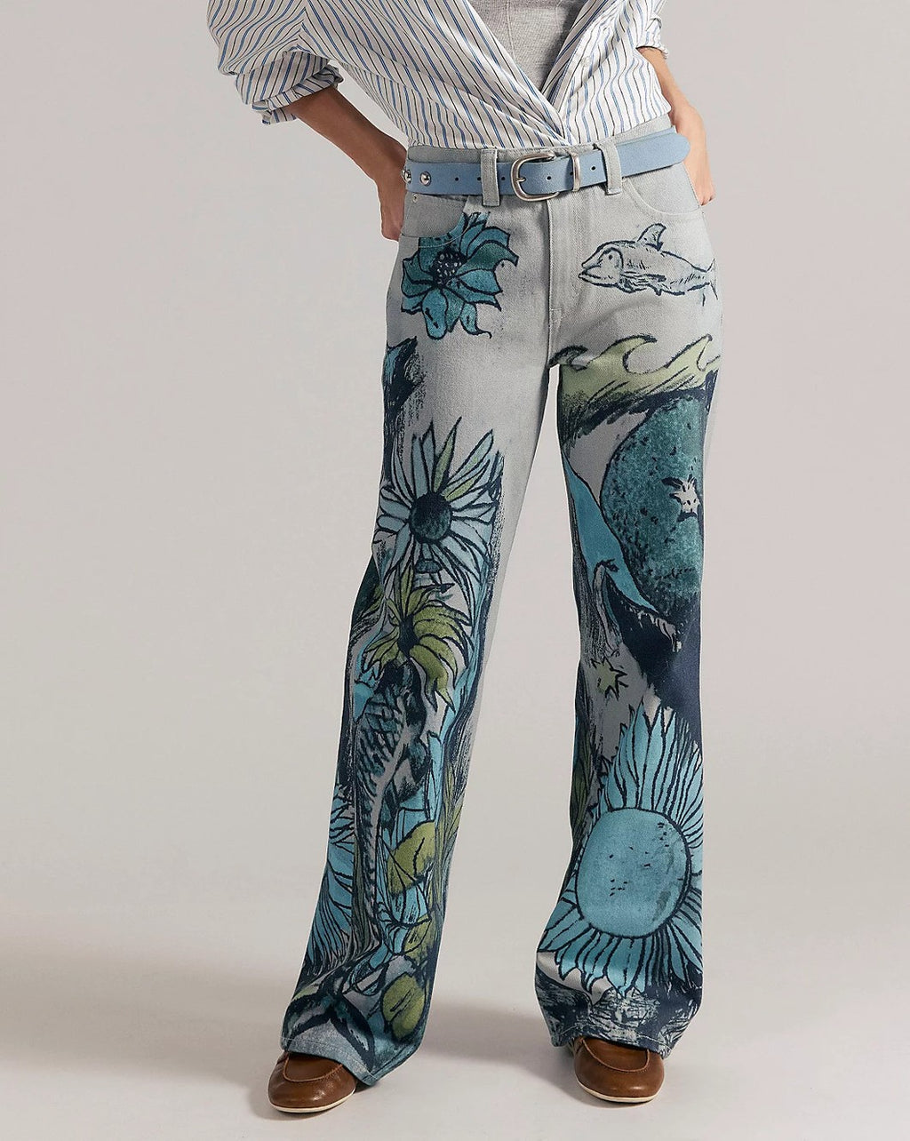 Artsy Painted Print Straight Leg Jeans - Blue