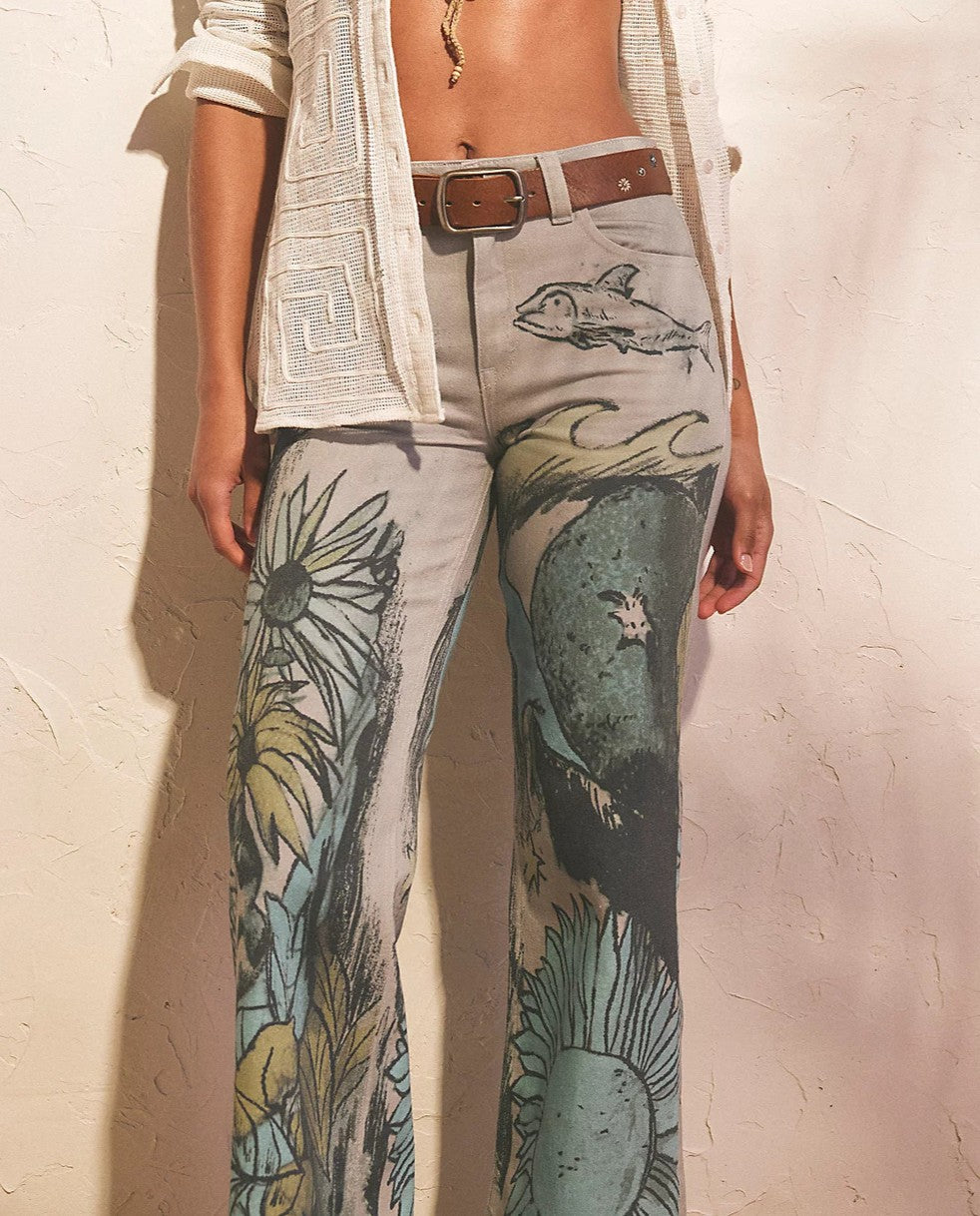 Artsy Painted Print Straight Leg Jeans - Blue - 3