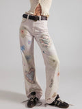 Artsy Painted Print Straight Leg Jeans - White