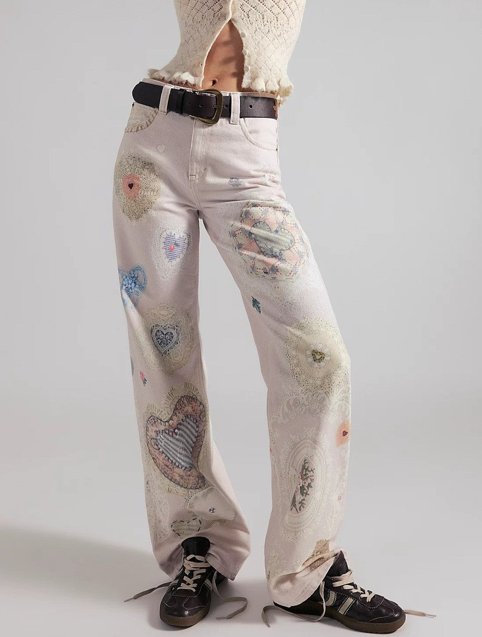 Artsy Painted Print Straight Leg Jeans - White