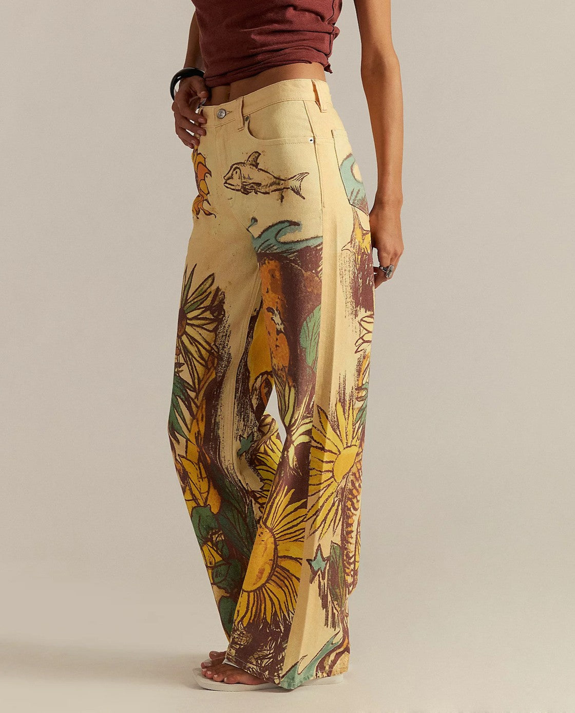 Artsy Painted Print Straight Leg Jeans - Yellow