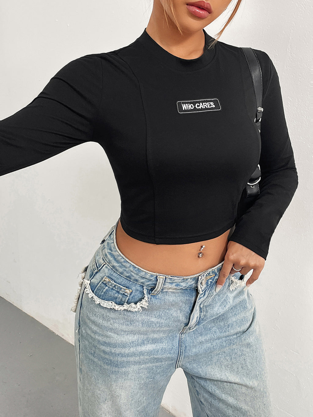 Mock Neck Ultra Cropped Long Sleeve Top - Black - 3