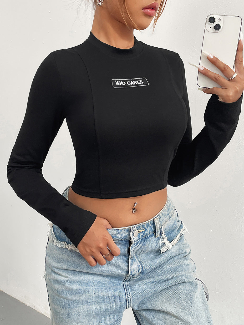 Mock Neck Ultra Cropped Long Sleeve Top - Black - 4