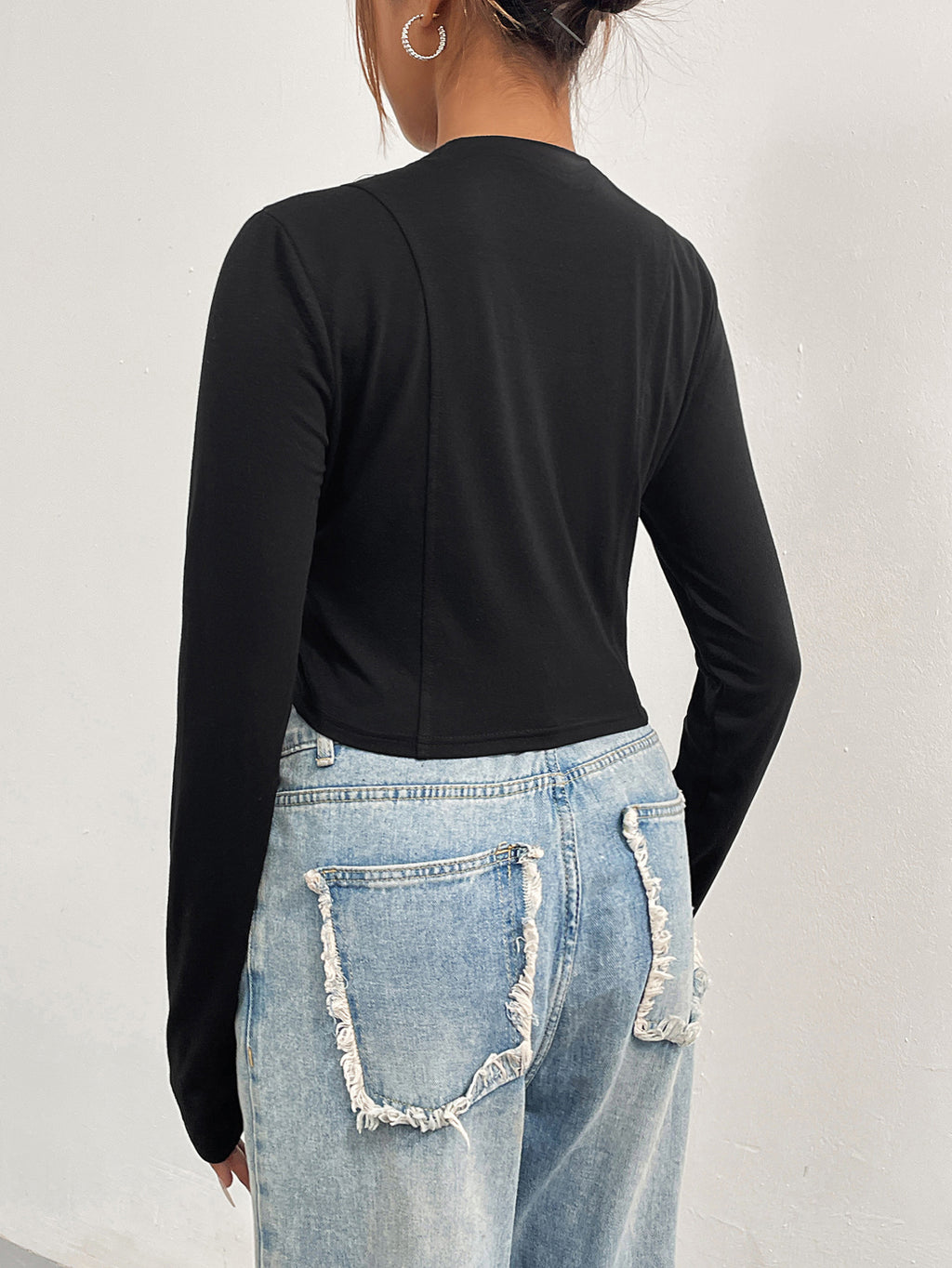 Mock Neck Ultra Cropped Long Sleeve Top - Black - 5