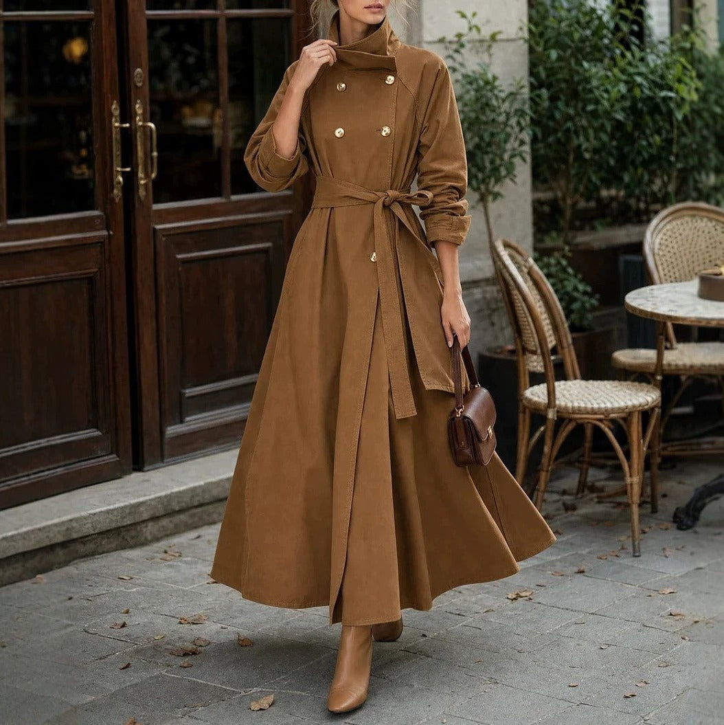 Funnel Neck Double Breasted Belted Maxi Trench Coat