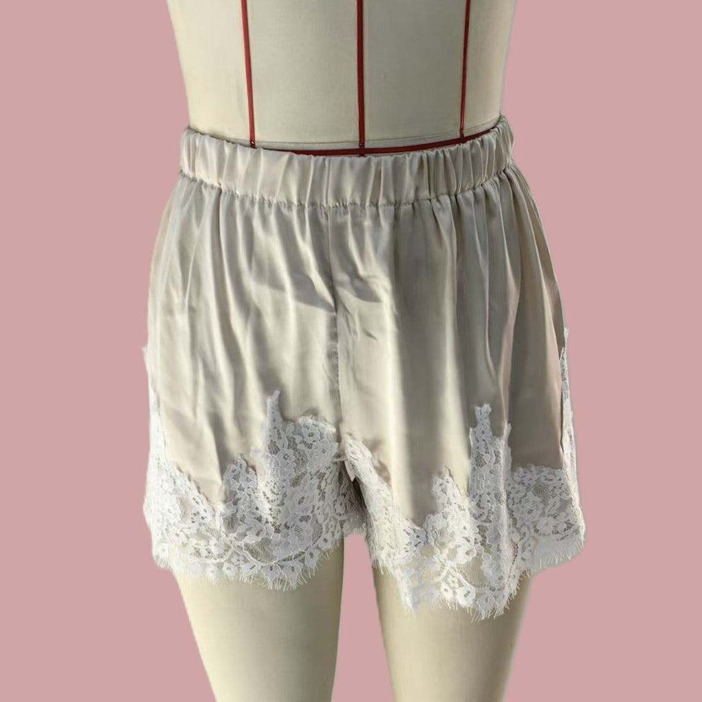 Scalloped Lace Hem Satin Pull On Shorts - Beige