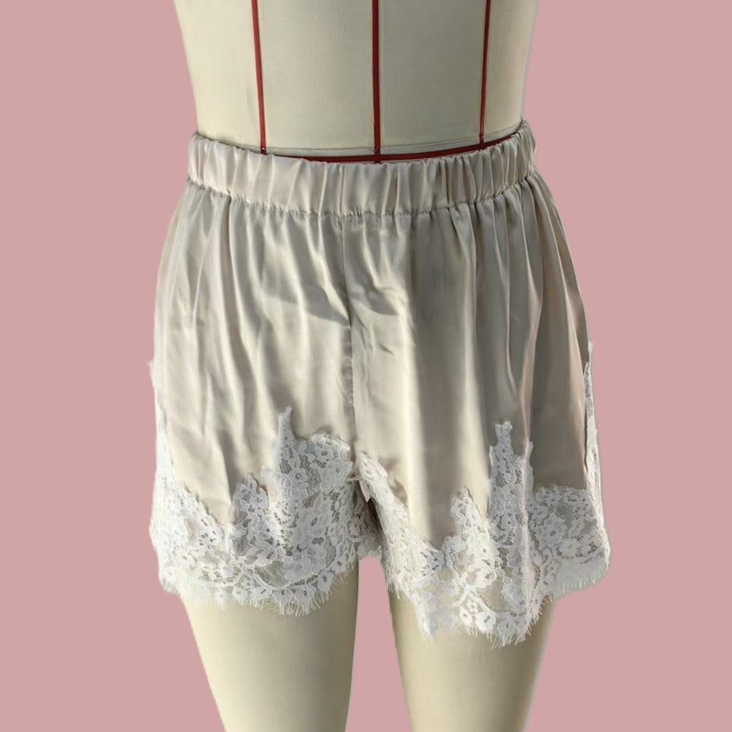 Scalloped Lace Hem Satin Pull On Shorts - Beige