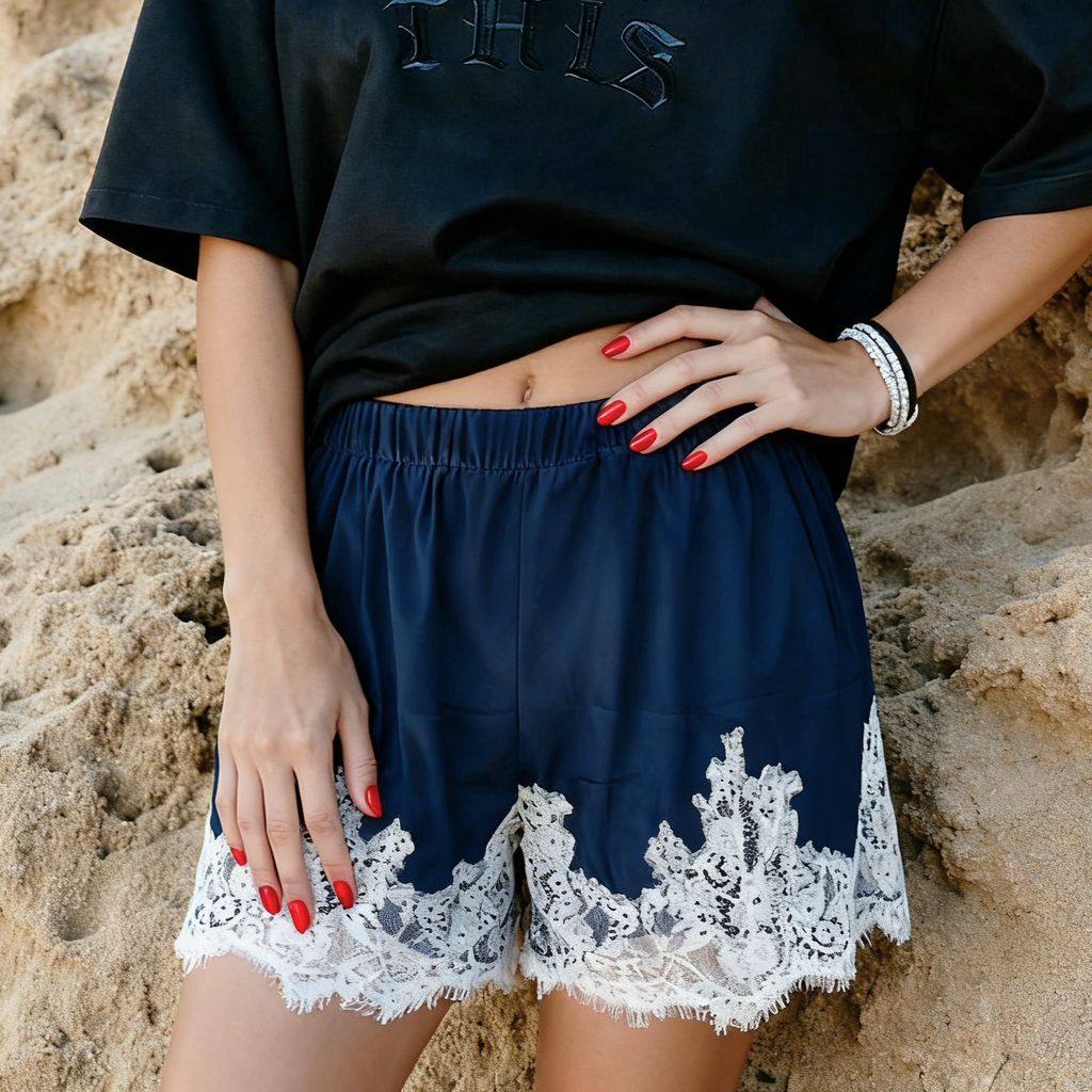 Scalloped Lace Hem Satin Pull On Shorts - Blue
