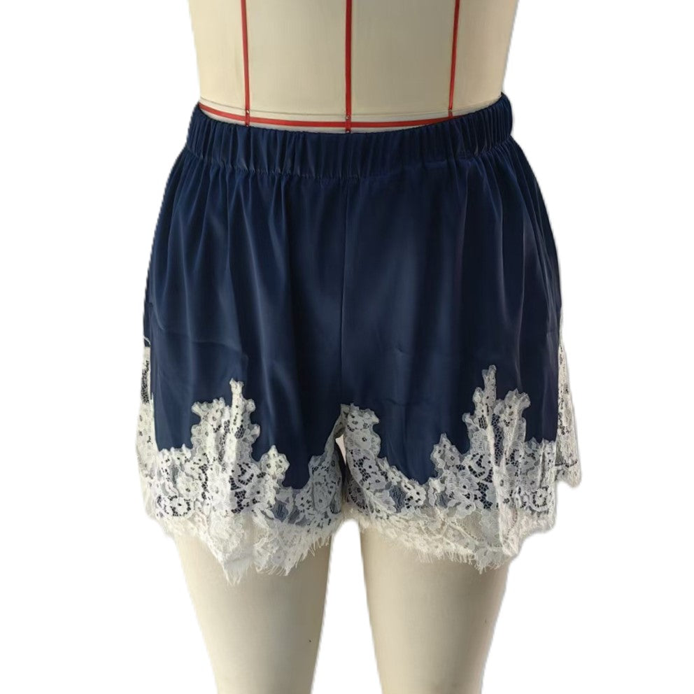 Scalloped Lace Hem Satin Pull On Shorts - Blue - 1