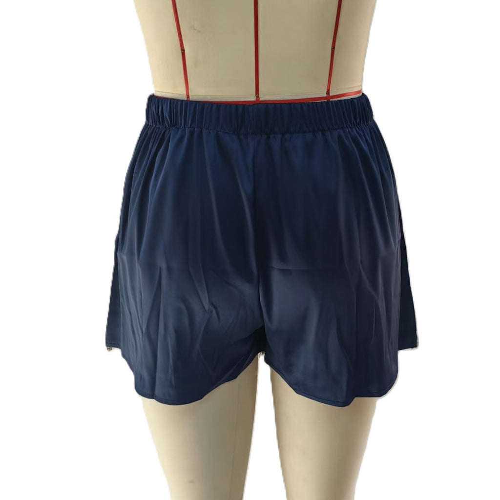 Scalloped Lace Hem Satin Pull On Shorts - Blue - 2