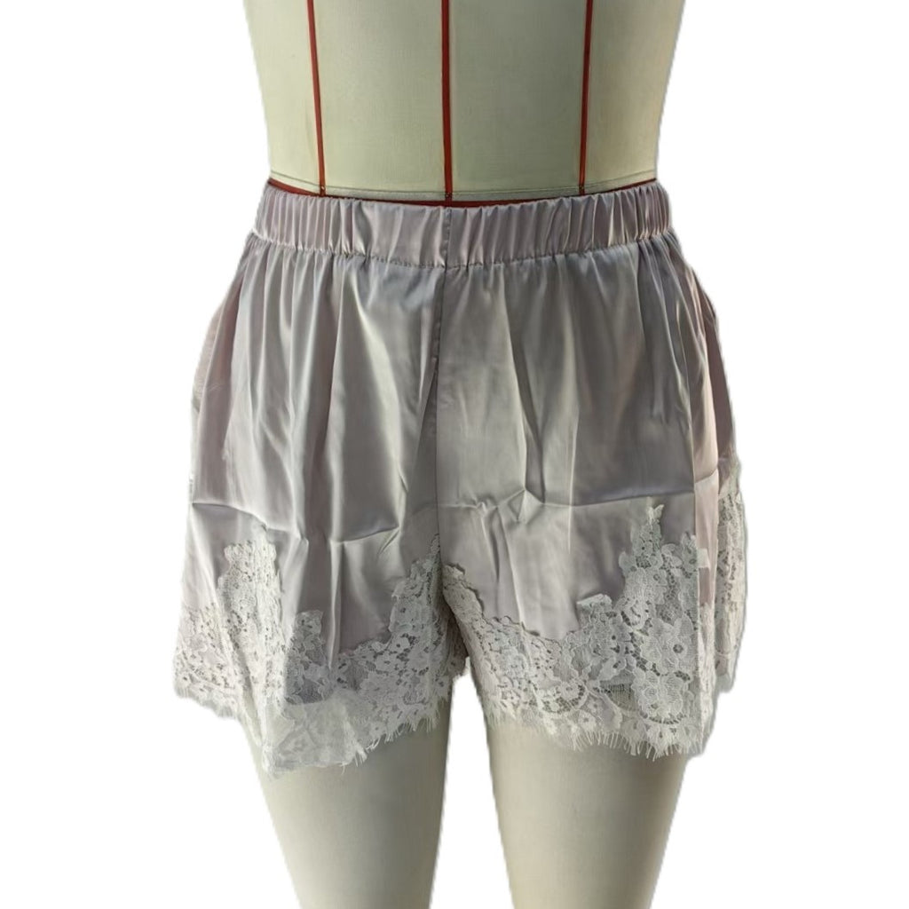 Scalloped Lace Hem Satin Pull On Shorts - LtPink