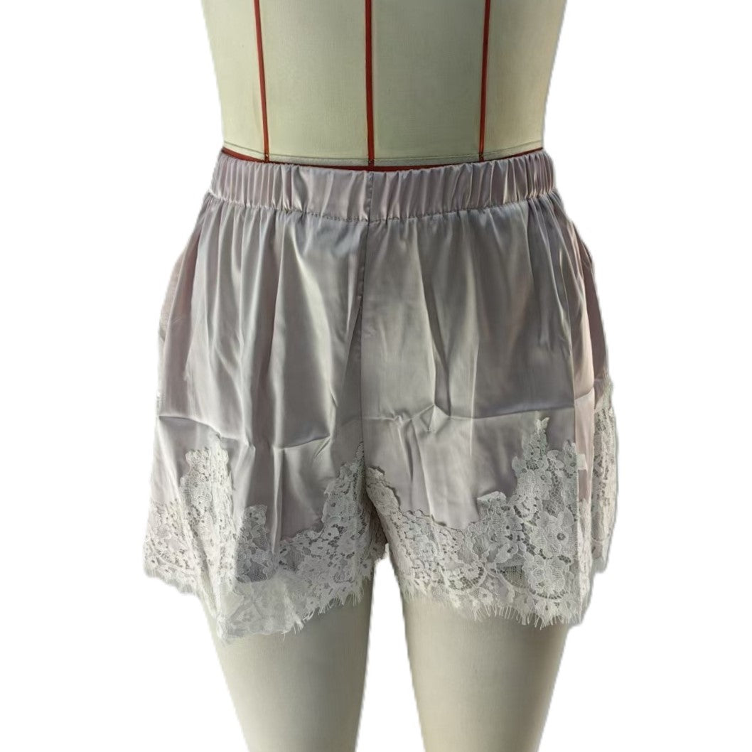 Scalloped Lace Hem Satin Pull On Shorts - LtPink