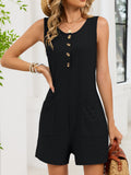 Sleeveless Button Placket Jumpsuit With Pockets - Black